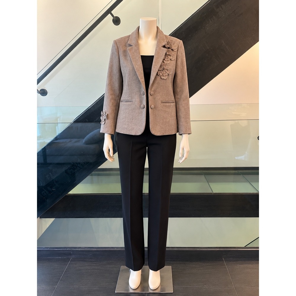 NVLT Women Taupe Wool Blend 3D Floral Applique Blazer Jacket Size Large